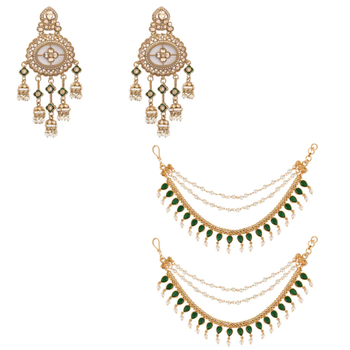 Pearl and Green Stone Kundan Earrings with Layered Beaded Ear Chains (Earring + Earchain Combo)