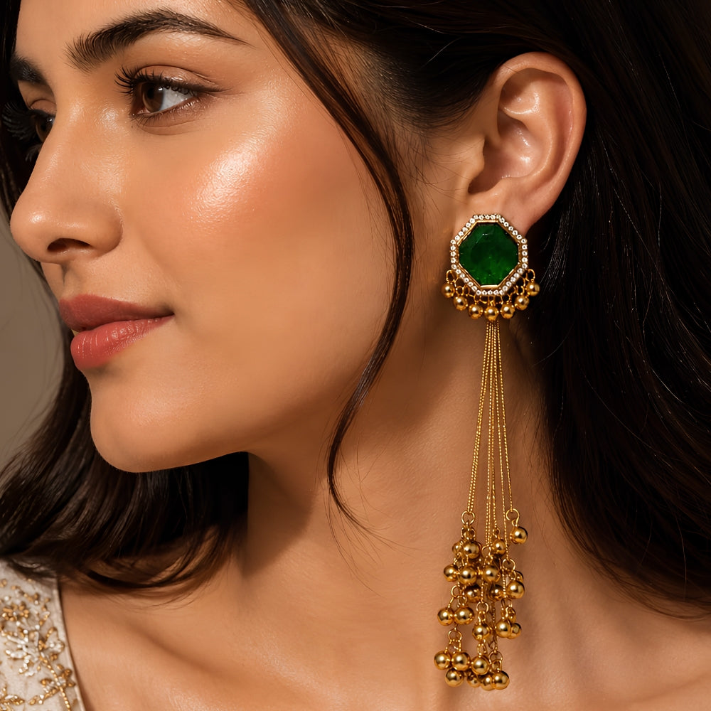 Harita - Green Stone Long Tassel Earrings