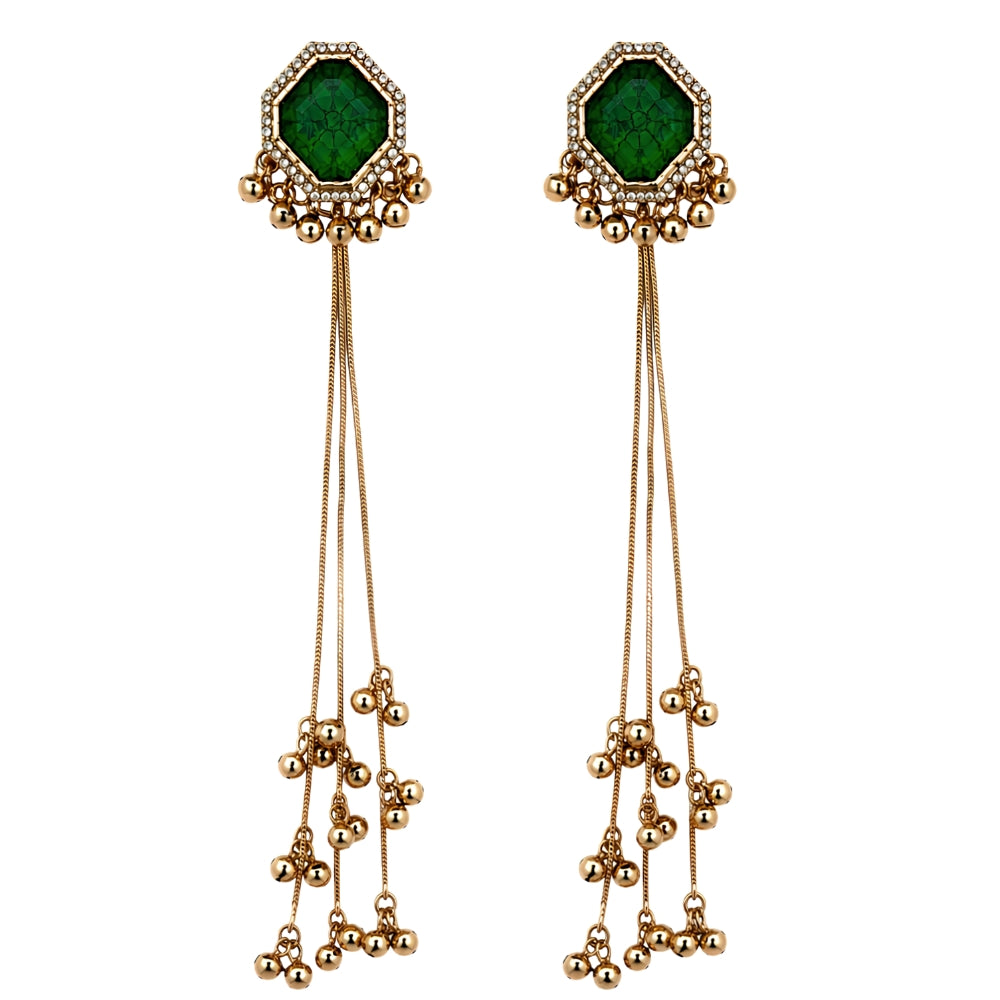 Harita - Green Stone Long Tassel Earrings