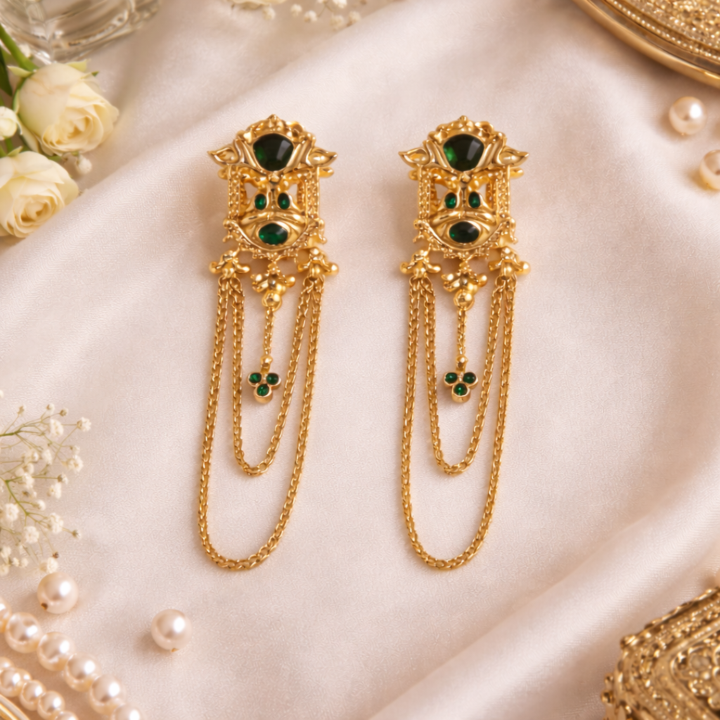 Rajeshwari- Royal Green Stone Gold-Plated Temple Earrings