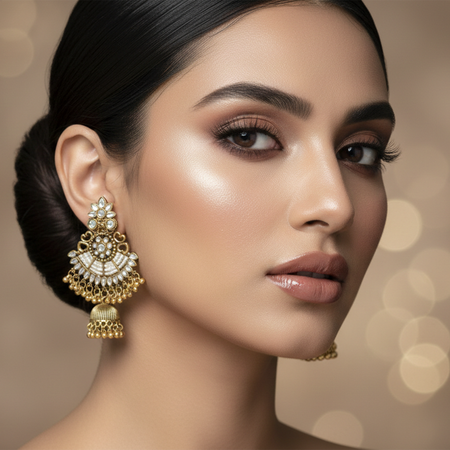 Satya- Antique Gold-Plated Kundan & Pearl Chandbali Jhumka Earrings