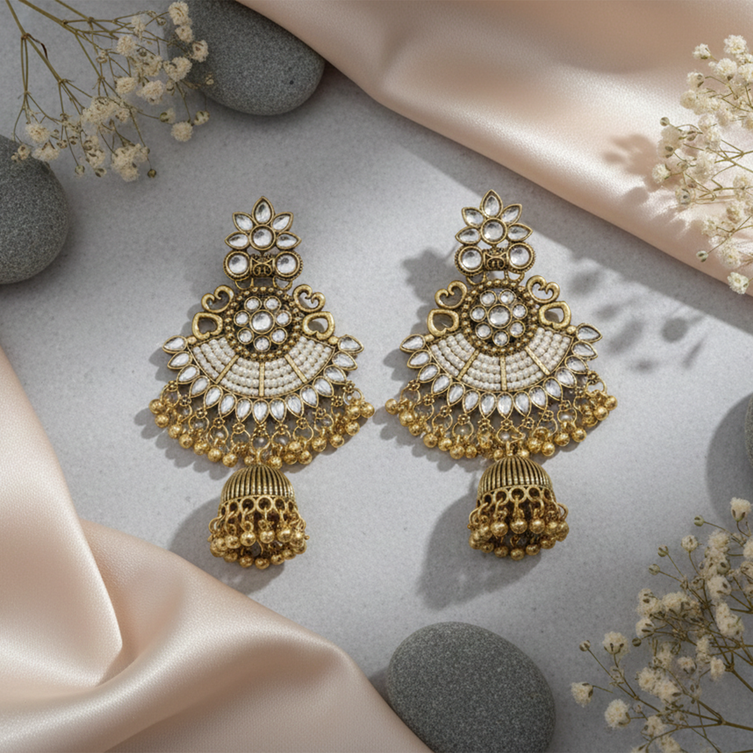 Satya- Antique Gold-Plated Kundan & Pearl Chandbali Jhumka Earrings