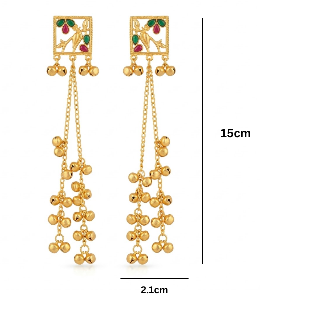 Elegant Peacock Motif Long Dangler Earrings with Ghungroo Drops