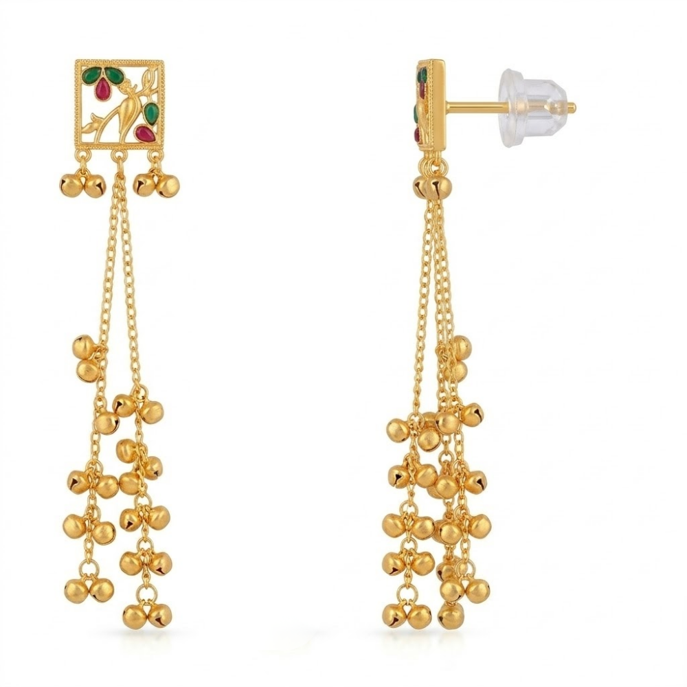 Elegant Peacock Motif Long Dangler Earrings with Ghungroo Drops