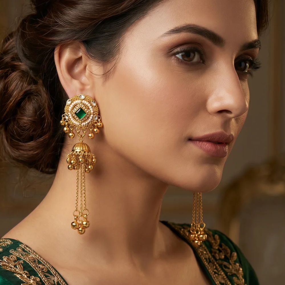 Sadia- Green Long Kashmiri Ghungroo Earrings