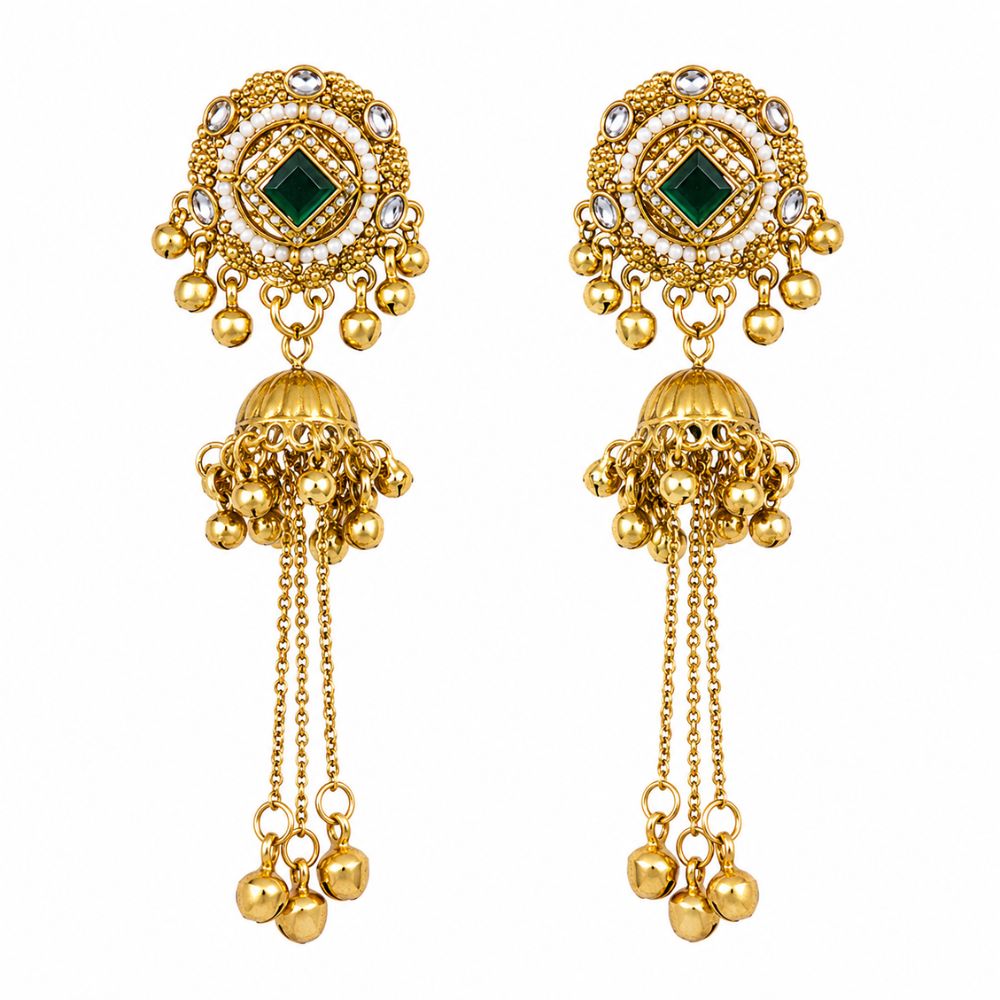 Sadia- Green Long Kashmiri Ghungroo Earrings