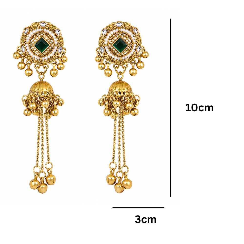 Sadia- Green Long Kashmiri Ghungroo Earrings