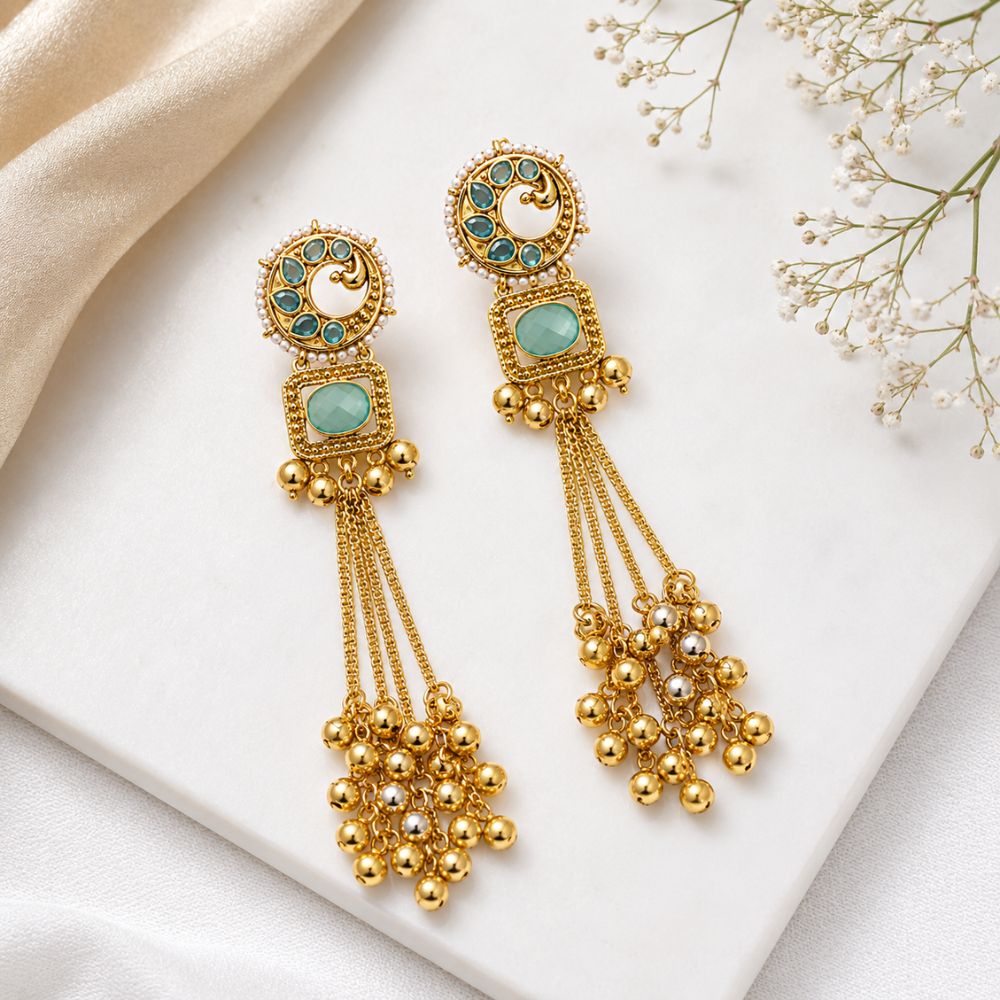 Tasneem- Turquoise Long Kashmiri Ghungroo Earrings