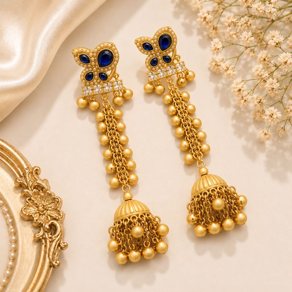Salmah- Blue Long Kashmiri Jhumka Ghungroo Earrings