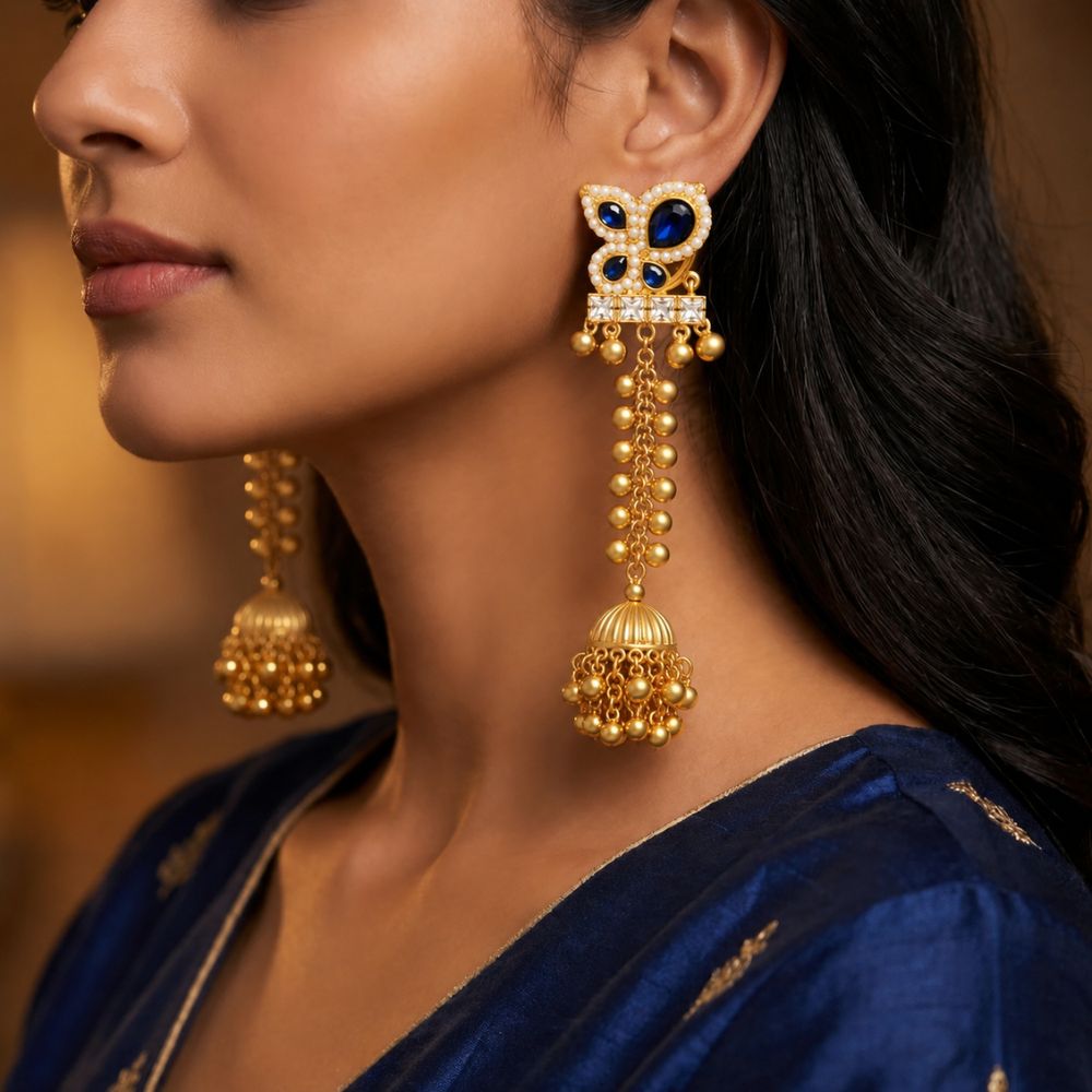 Salmah- Blue Long Kashmiri Jhumka Ghungroo Earrings