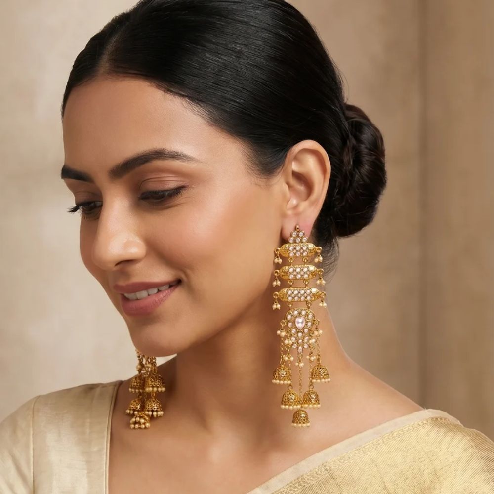 Roohi- Kundan Style Long Chandbali Jhumka Earrings