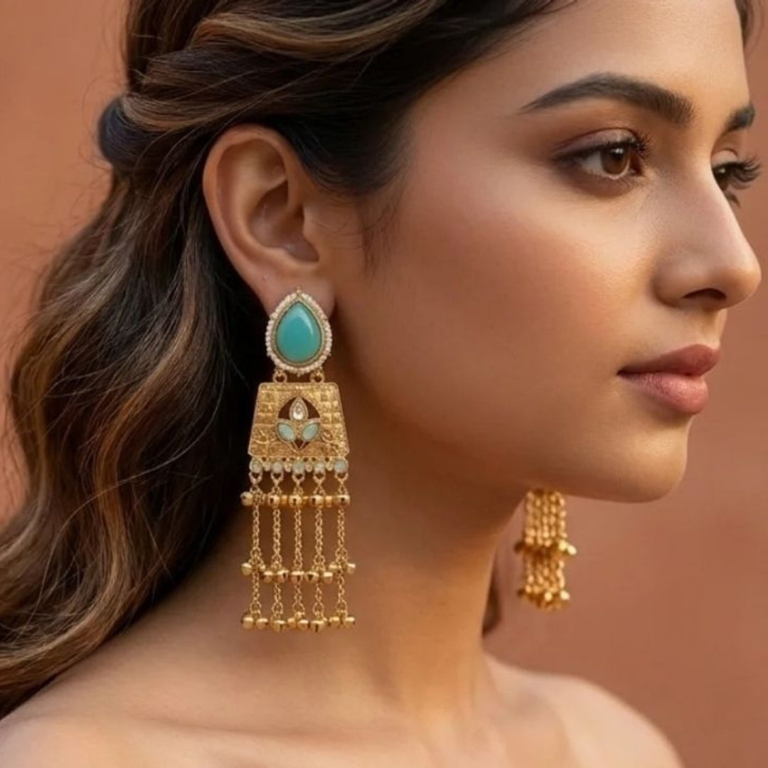 Anvi - Blue Long Kashmiri Ghungroo Earrings