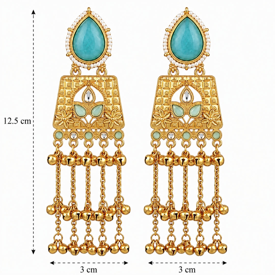 Anvi - Blue Long Kashmiri Ghungroo Earrings