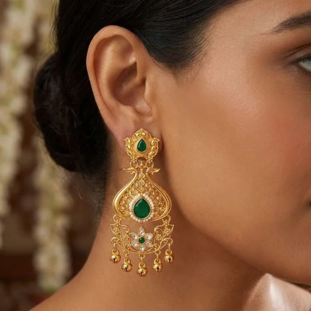 Misha - Green Stone Temple Gunghroo Earrings