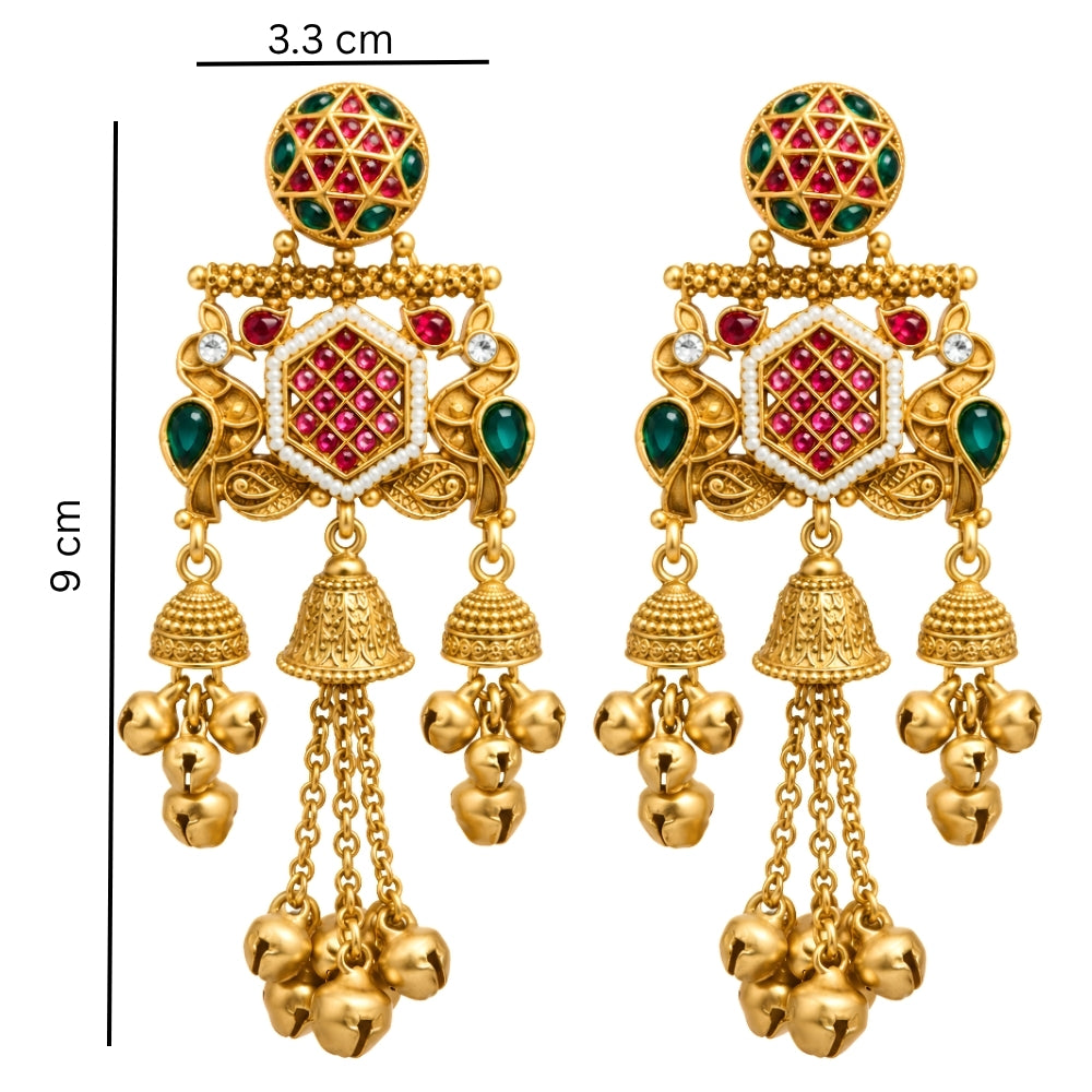 Triveni- Pink & Green Peacock Ghungroo Jhumka Earrings