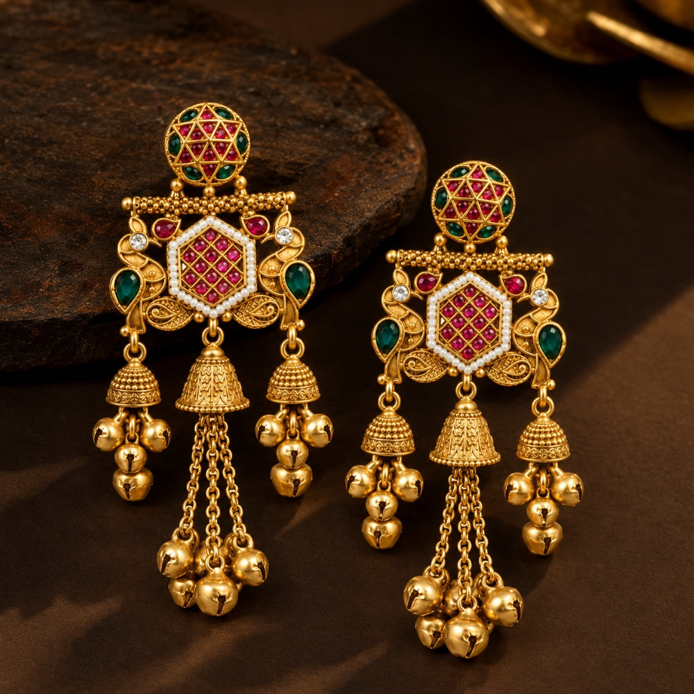 Triveni- Pink & Green Peacock Ghungroo Jhumka Earrings