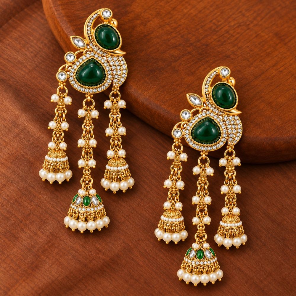 Mridvika - Green Pearl Chain Triple Jhumka Earrings