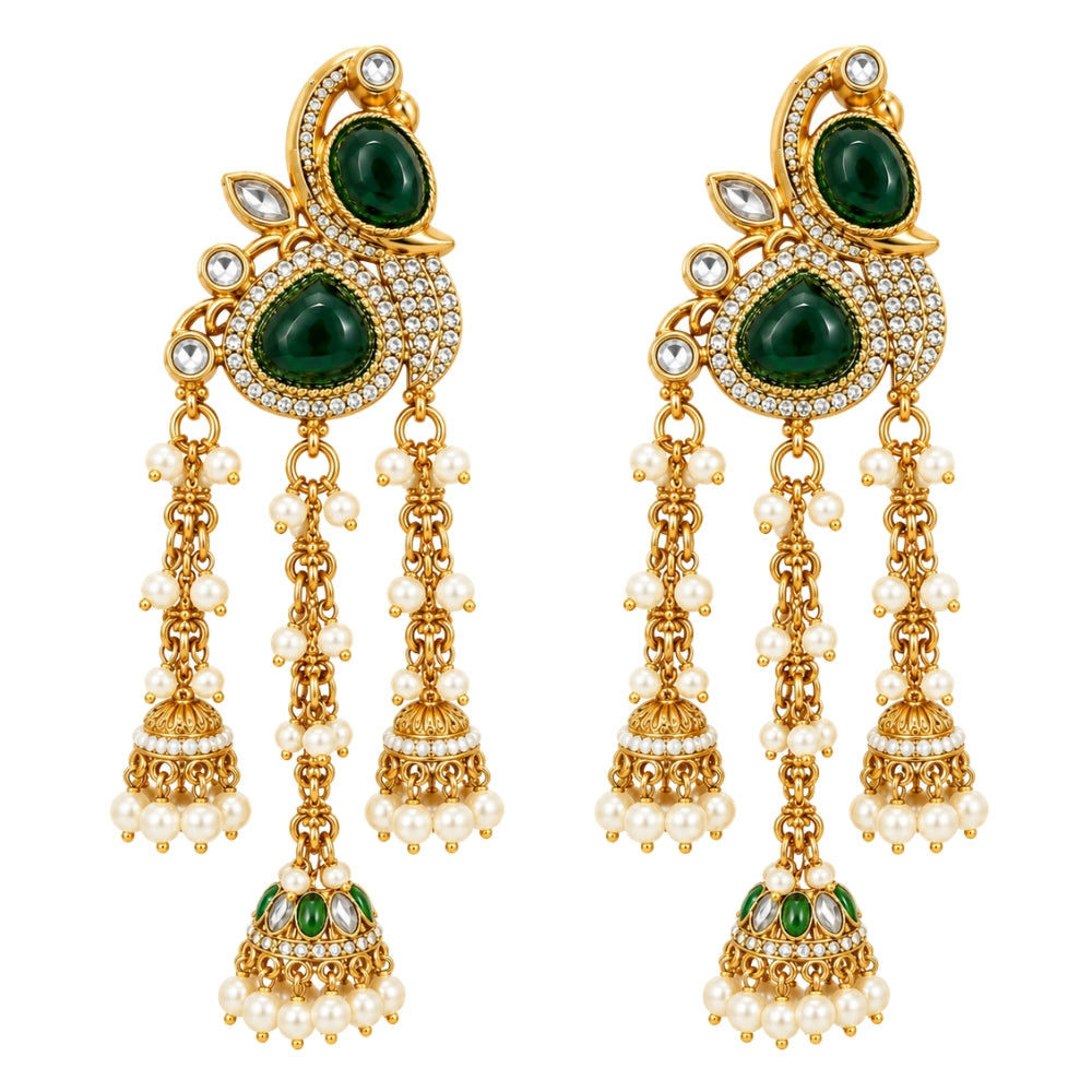 Mridvika - Green Pearl Chain Triple Jhumka Earrings