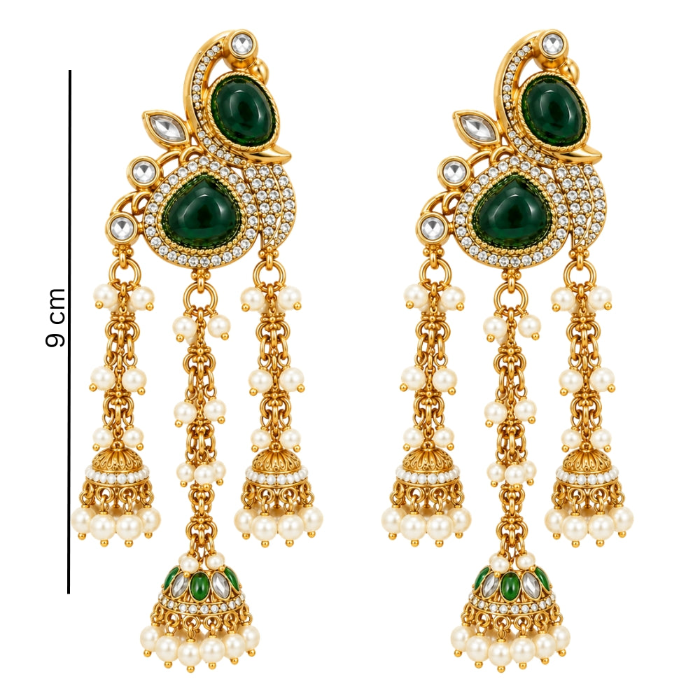 Mridvika - Green Pearl Chain Triple Jhumka Earrings
