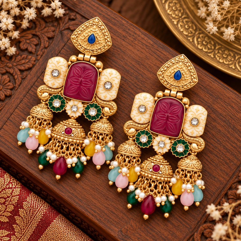 Indrani- Multicolour Heritage Triple Jhumka Earrings