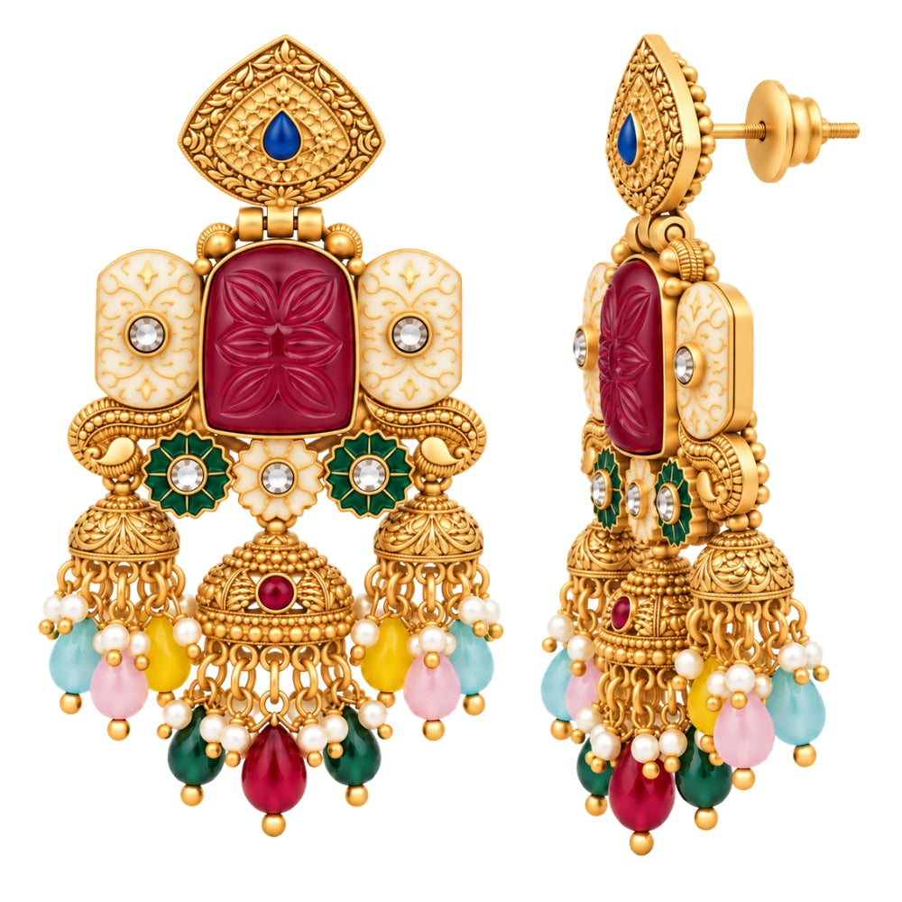 Indrani- Multicolour Heritage Triple Jhumka Earrings