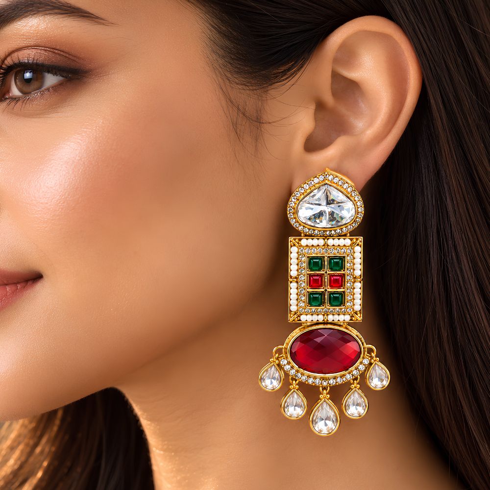Urvashi- Multicolour Geometric Stone Dangler Earrings