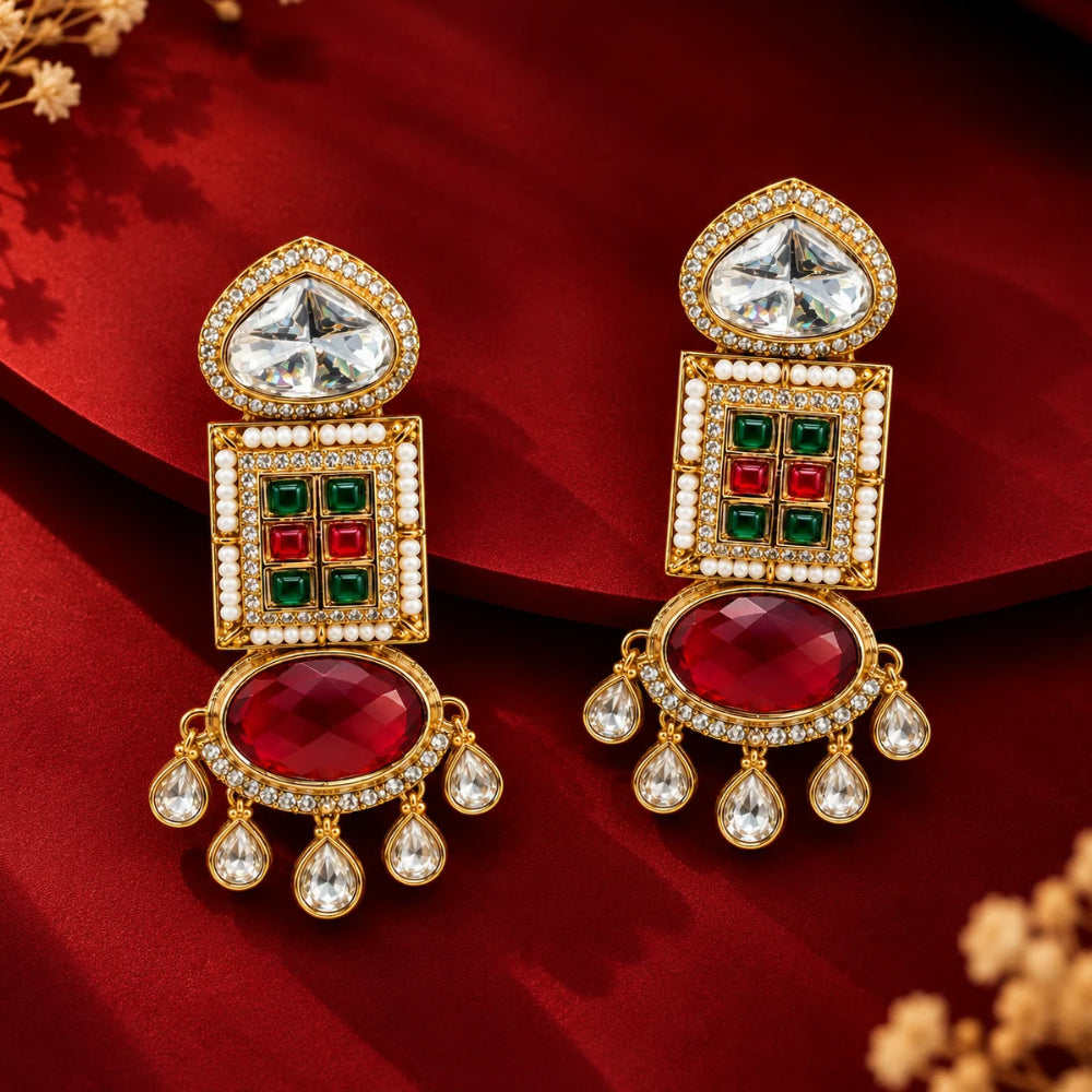 Urvashi- Multicolour Geometric Stone Dangler Earrings