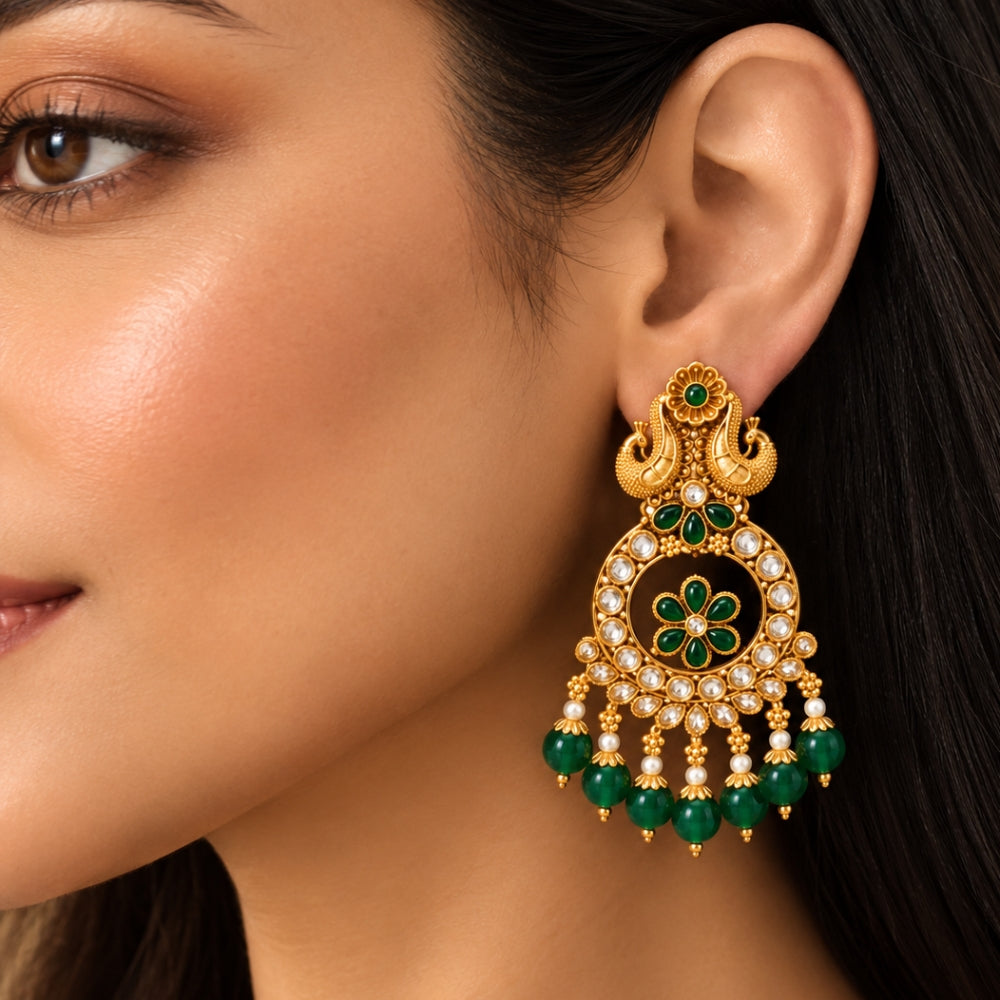 Surmaya- Green Peacock Floral Chandbali Earrings
