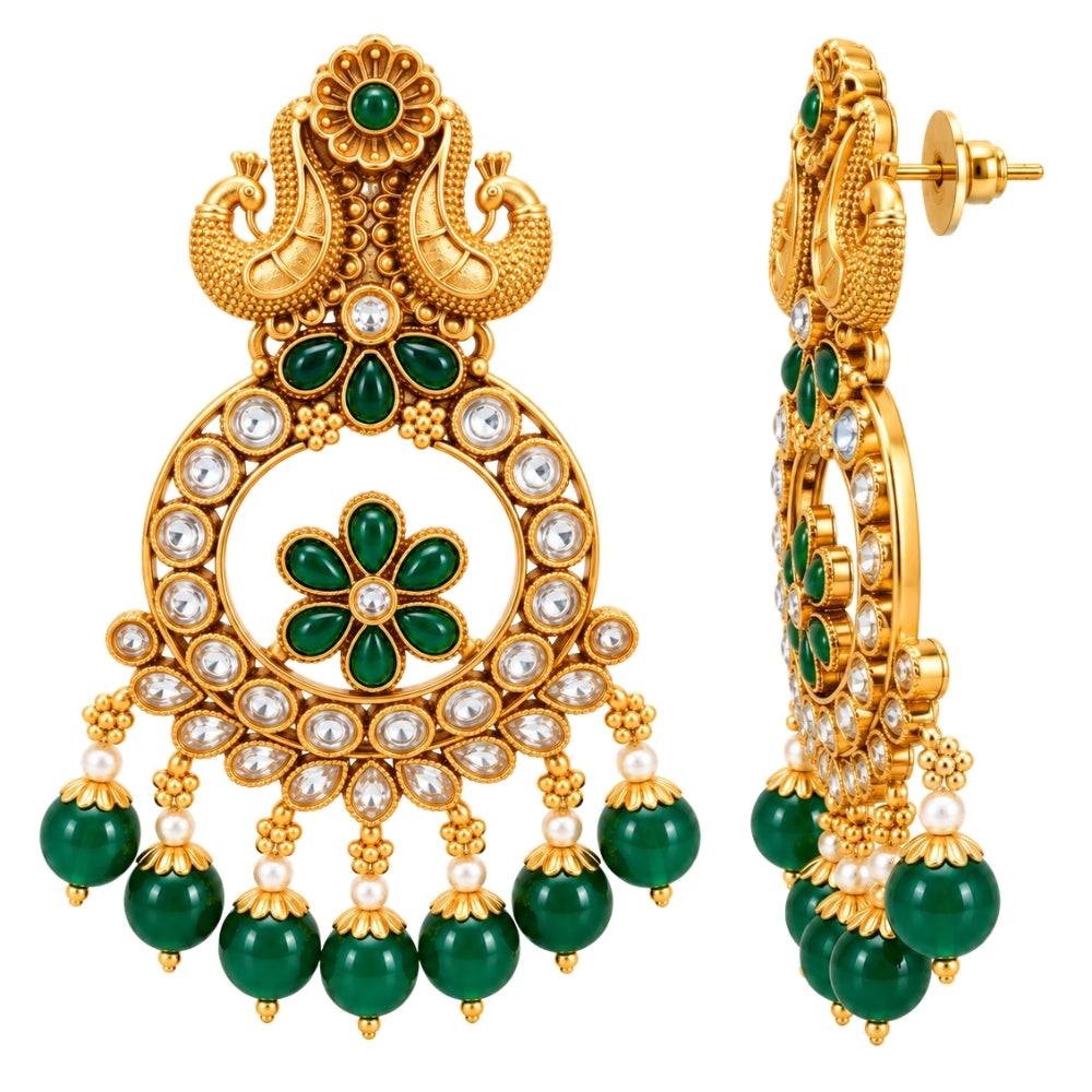 Surmaya- Green Peacock Floral Chandbali Earrings