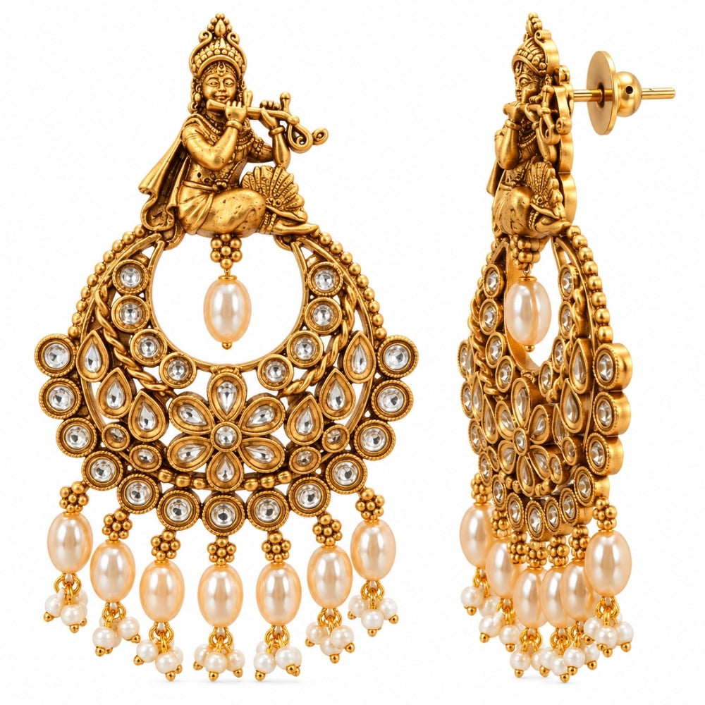Ananda- Gold Krishna Pearl Drop Chandbali Earrings