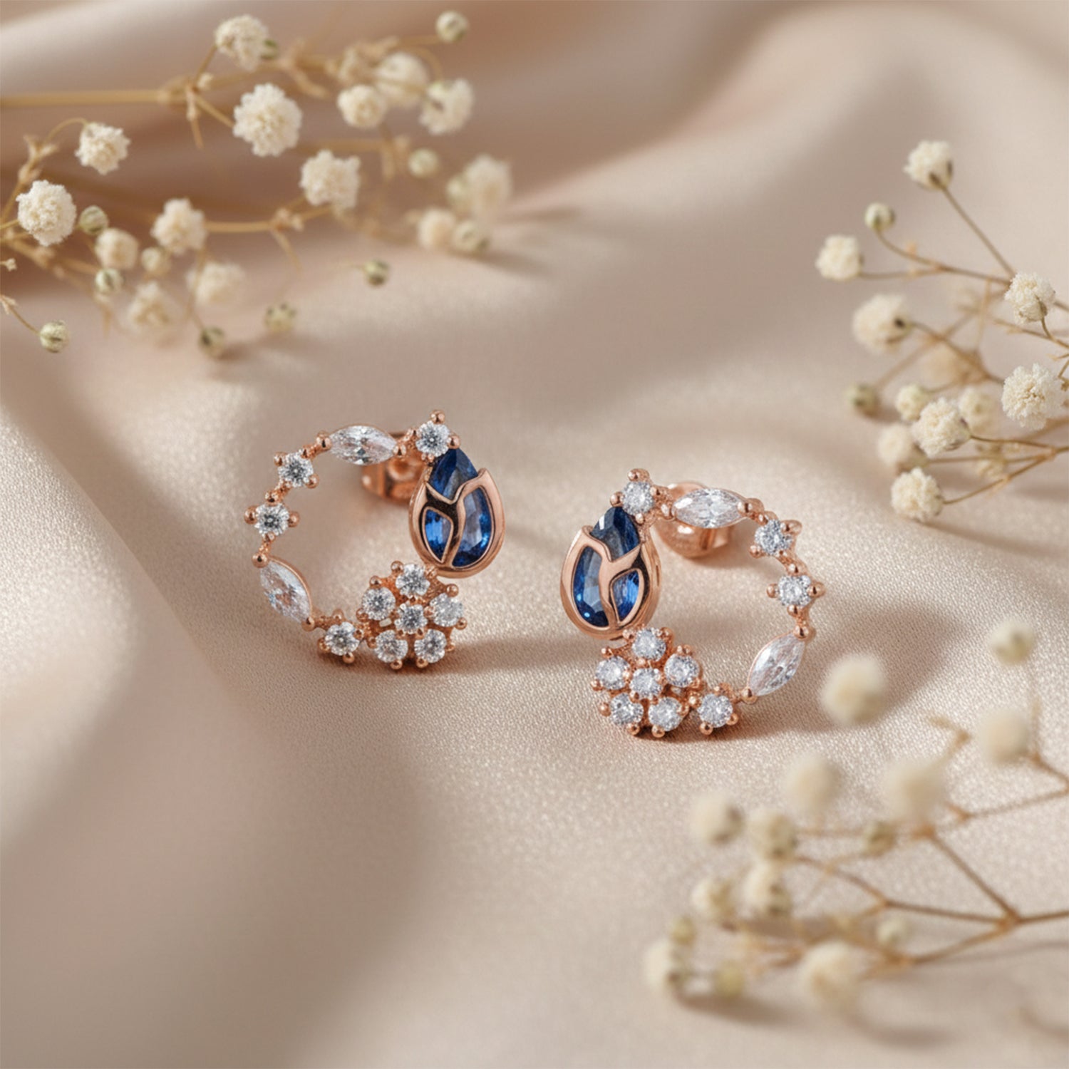 Aurora- Rose Gold Floral Hoop Earrings with Blue & CZ Stones