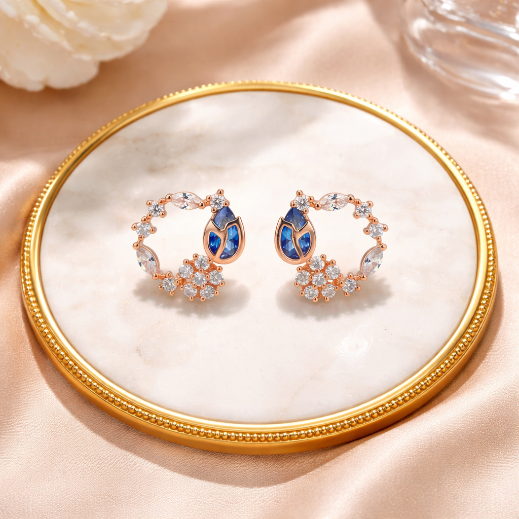 Aurora- Rose Gold Floral Hoop Earrings with Blue & CZ Stones