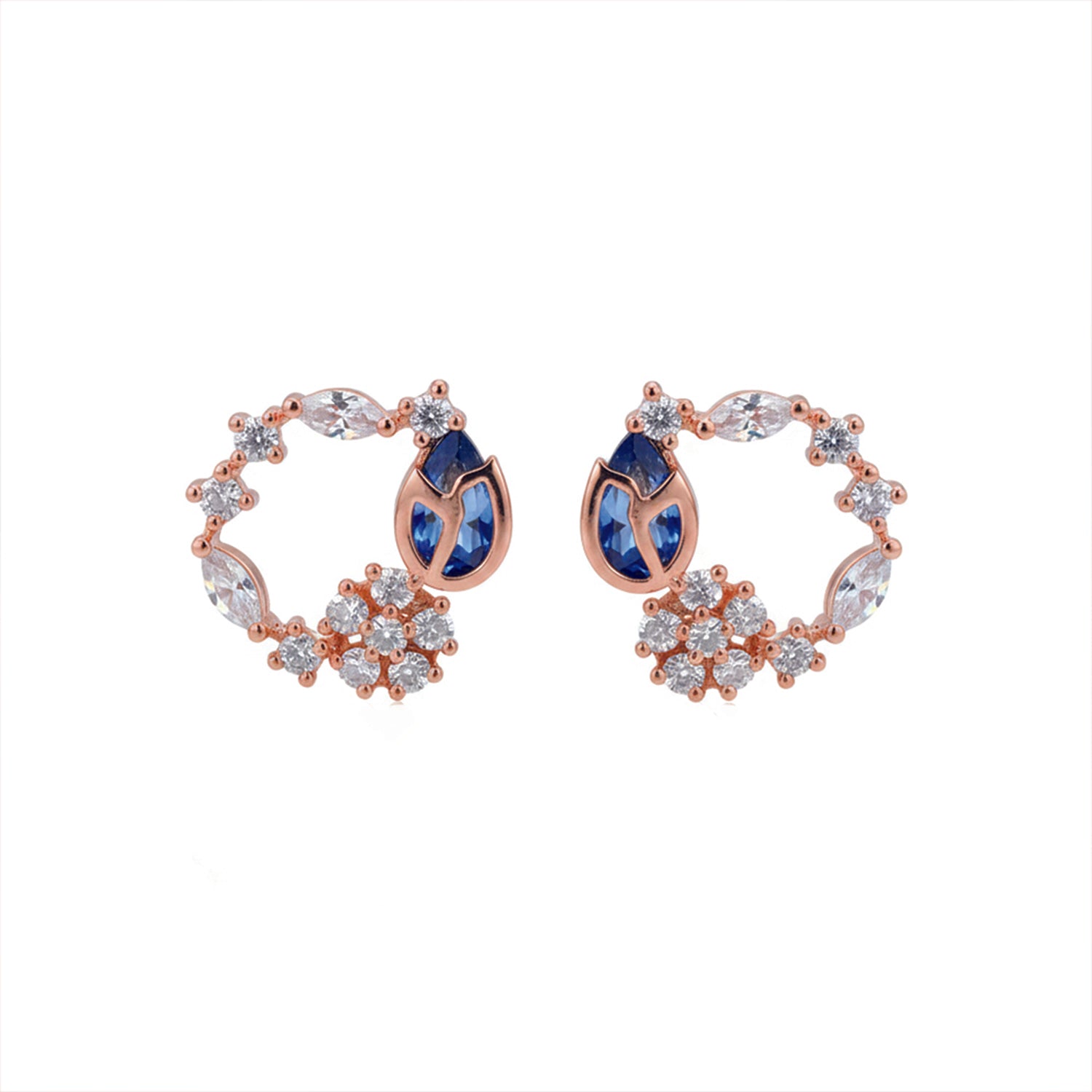 Aurora- Rose Gold Floral Hoop Earrings with Blue & CZ Stones