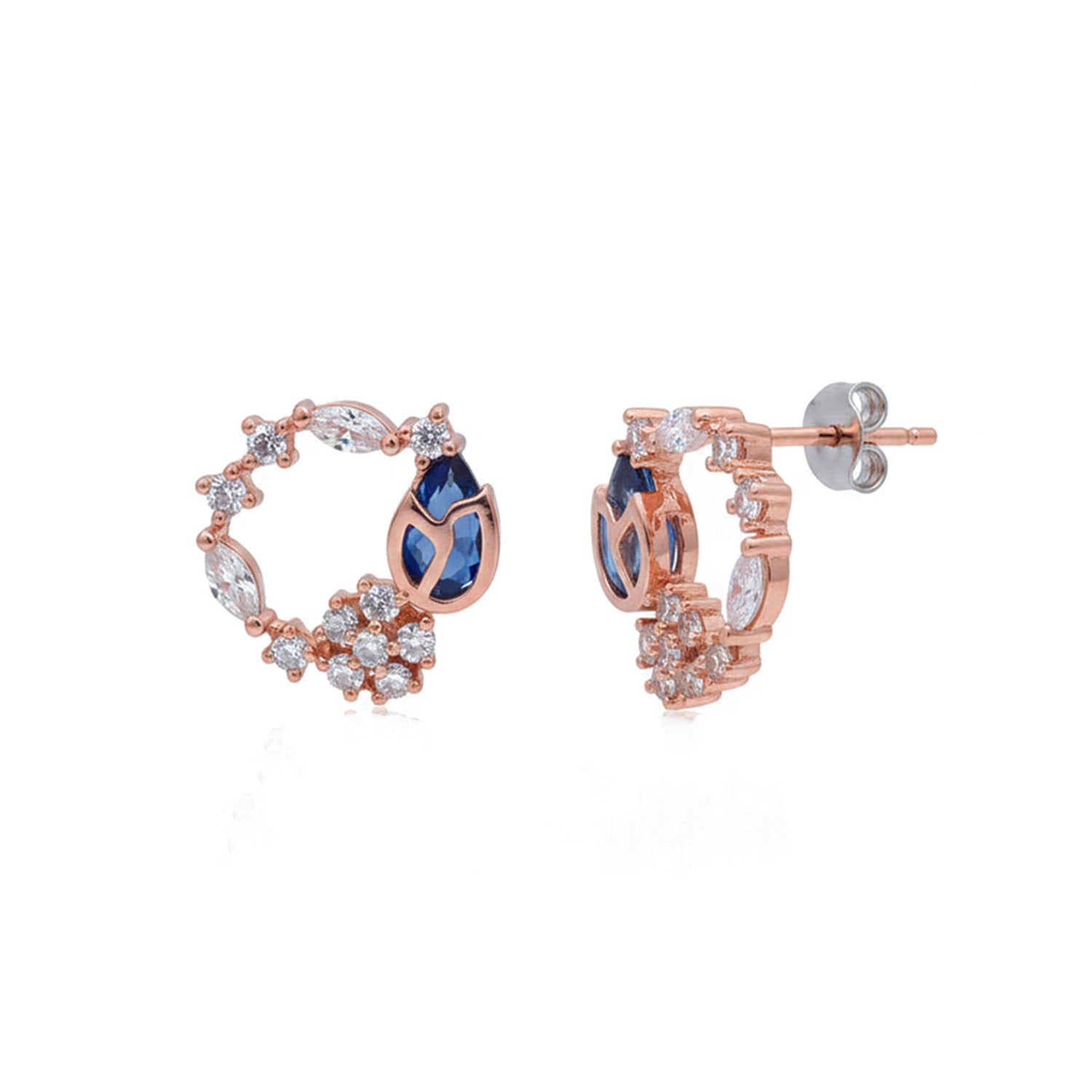 Aurora- Rose Gold Floral Hoop Earrings with Blue & CZ Stones