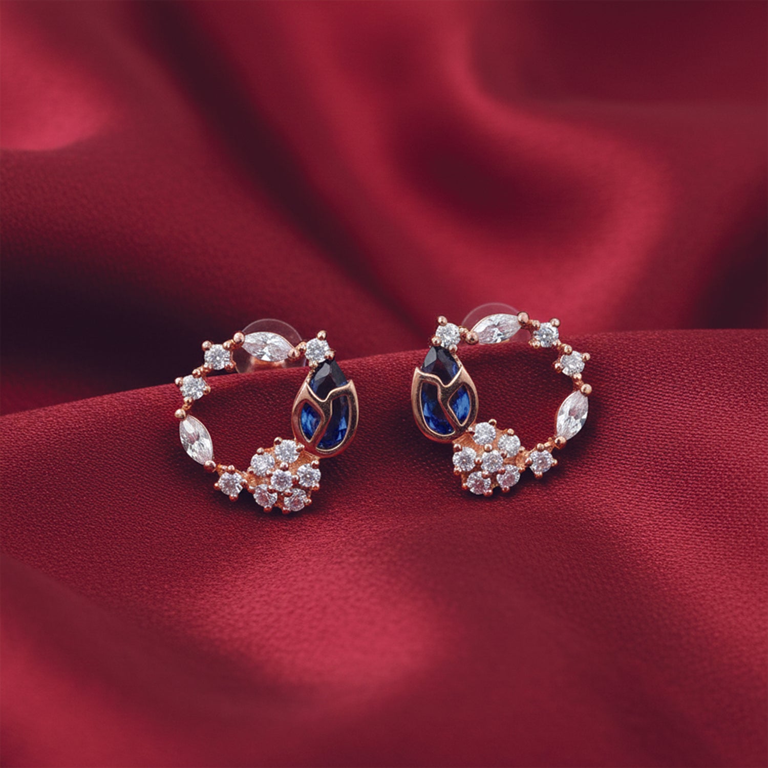 Aurora- Rose Gold Floral Hoop Earrings with Blue & CZ Stones