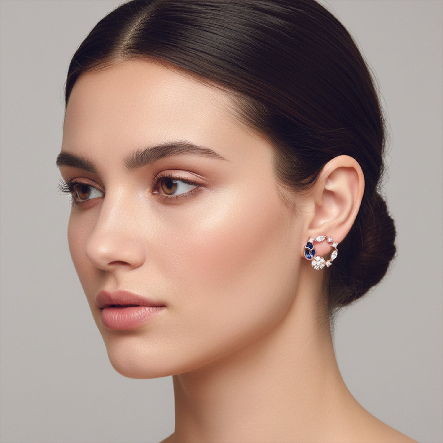 Aurora- Rose Gold Floral Hoop Earrings with Blue & CZ Stones