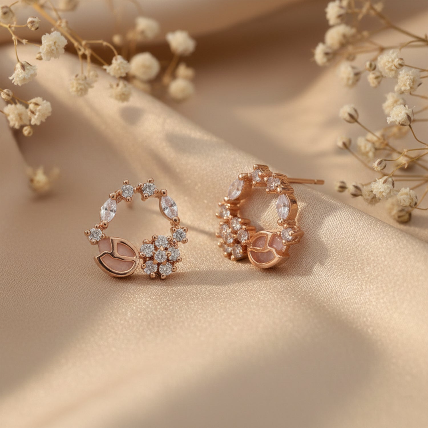 Aurora- Rose Gold Floral Hoop Earrings with Blue & CZ Stones