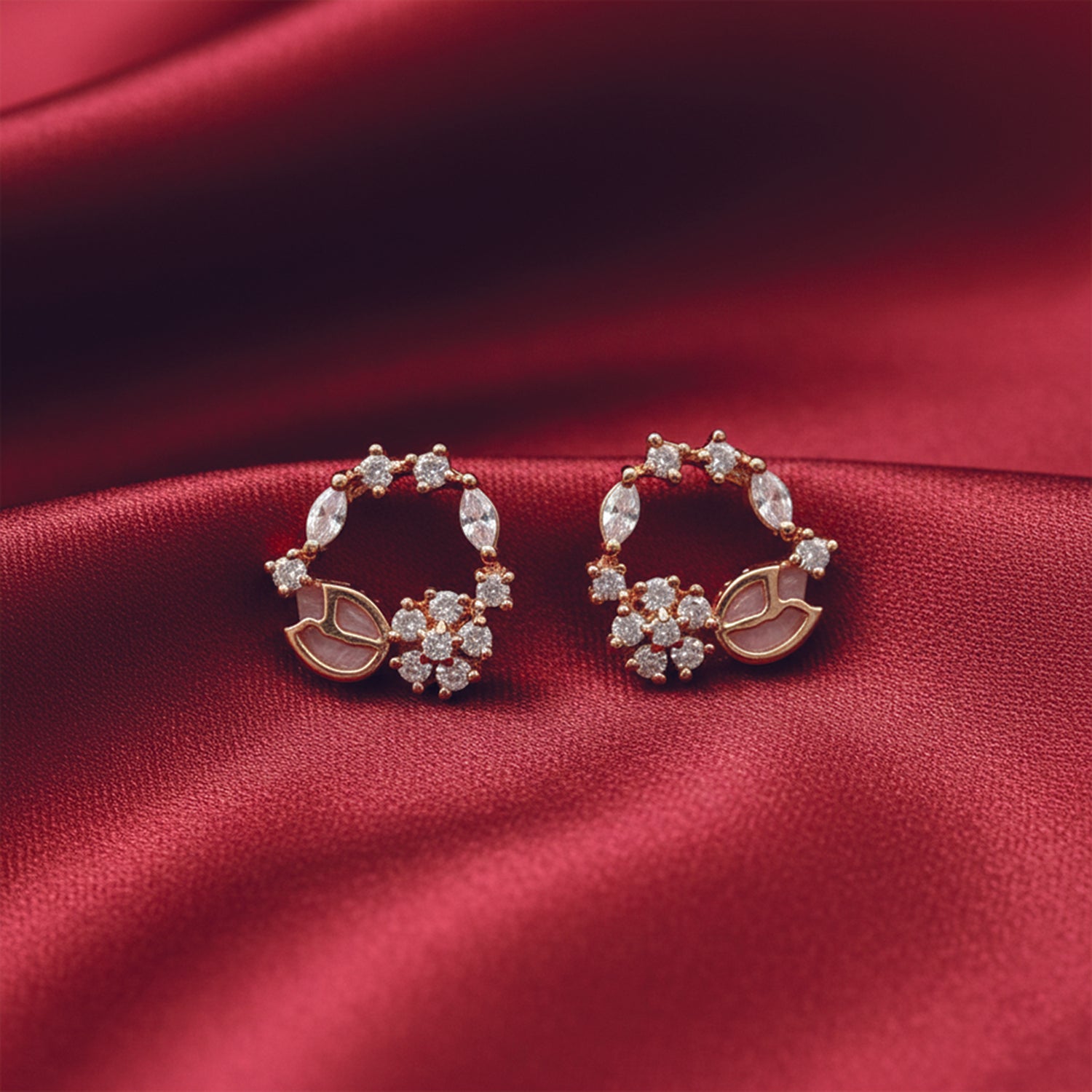 Aurora- Rose Gold Floral Hoop Earrings with Blue & CZ Stones