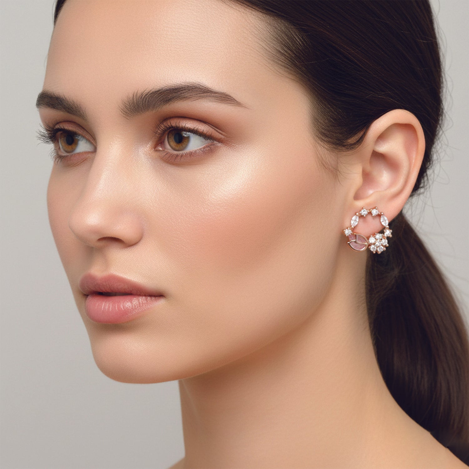 Aurora- Rose Gold Floral Hoop Earrings with Blue & CZ Stones