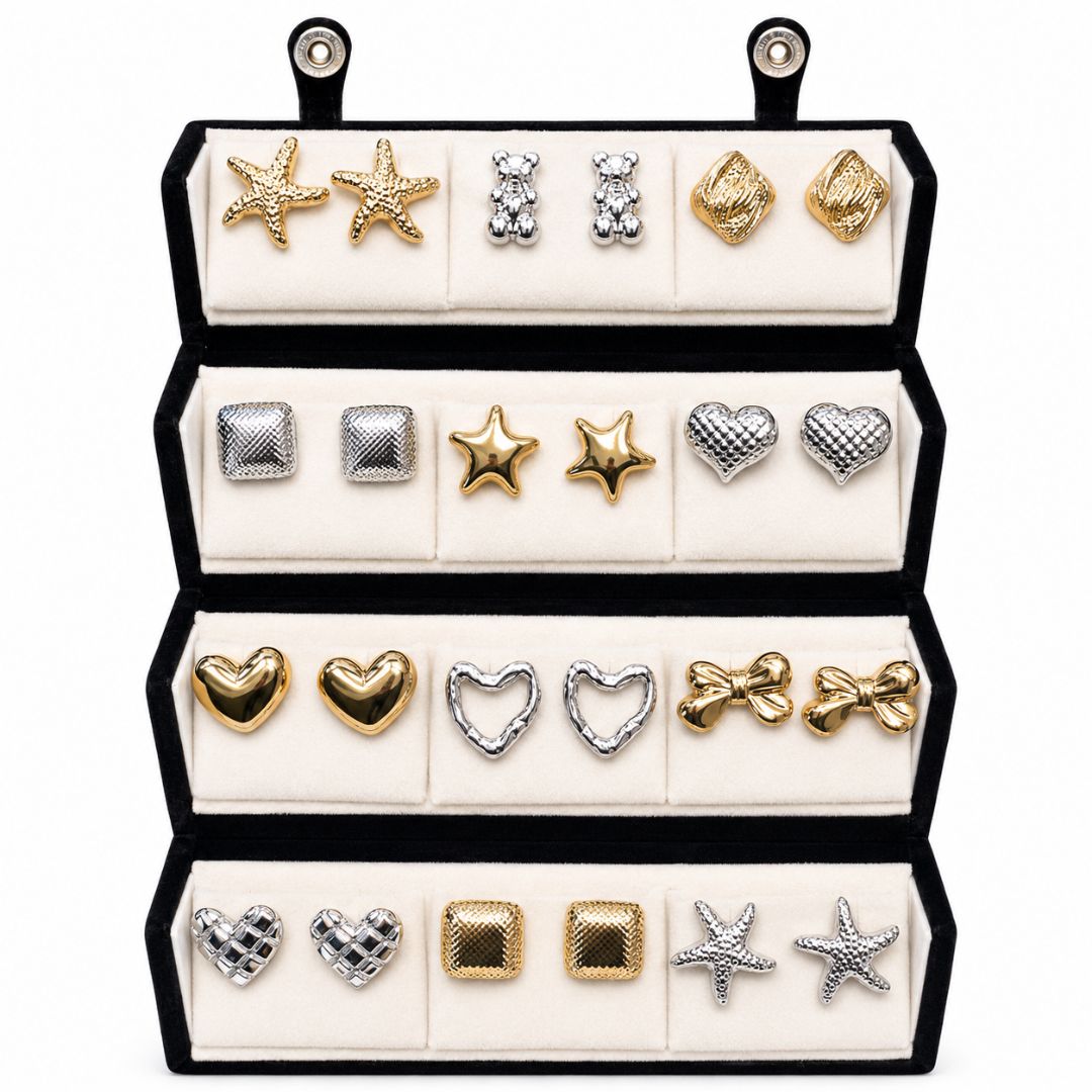 Trendy Assorted Geometric Stud Earrings Combo With Foldable Velvet Box (Set of 12)