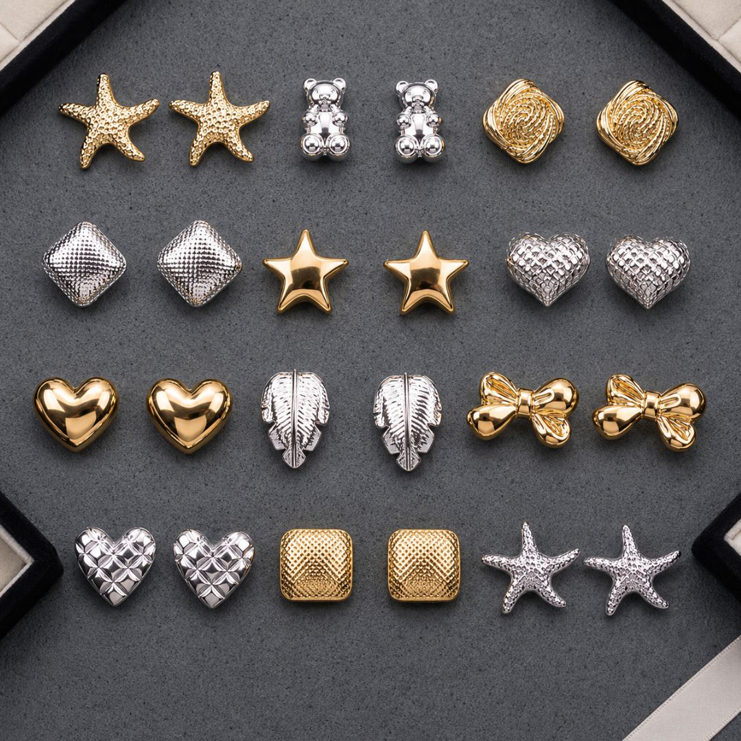 Trendy Assorted Geometric Stud Earrings Combo With Foldable Velvet Box (Set of 12)