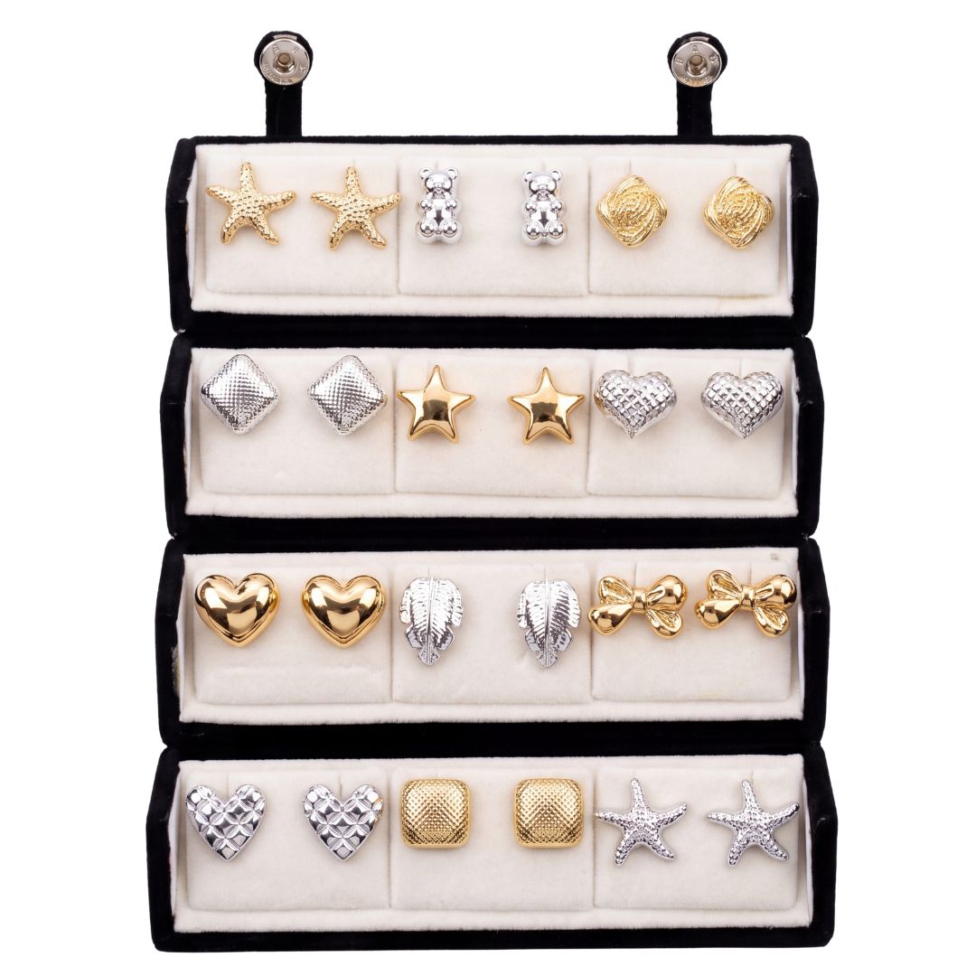 Trendy Assorted Geometric Stud Earrings Combo With Foldable Velvet Box (Set of 12)