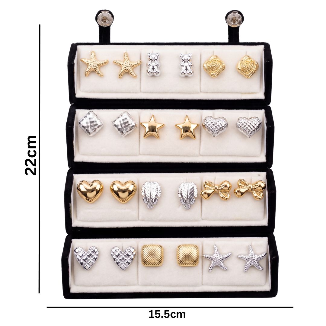 Trendy Assorted Geometric Stud Earrings Combo With Foldable Velvet Box (Set of 12)
