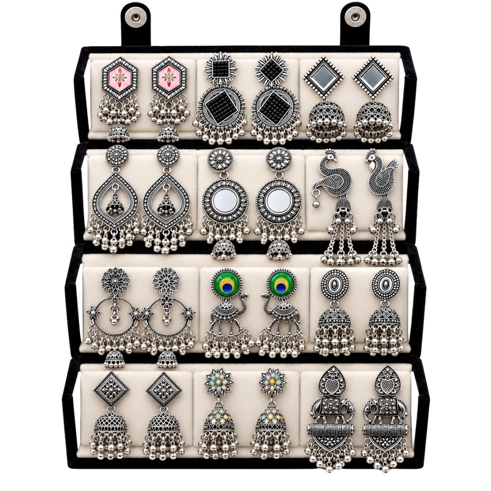 Statement & Jhumka Oxidised Earrings Combo With Foldable Velvet Box (Set of 12)
