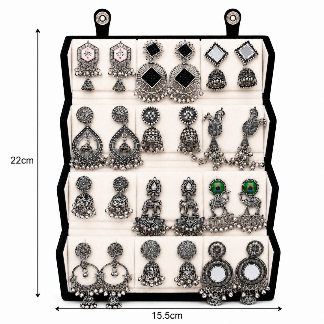 Statement & Jhumka Oxidised Earrings Combo With Foldable Velvet Box (Set of 12)