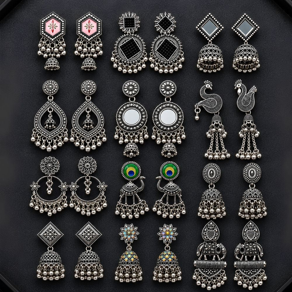 Statement & Jhumka Oxidised Earrings Combo With Foldable Velvet Box (Set of 12)