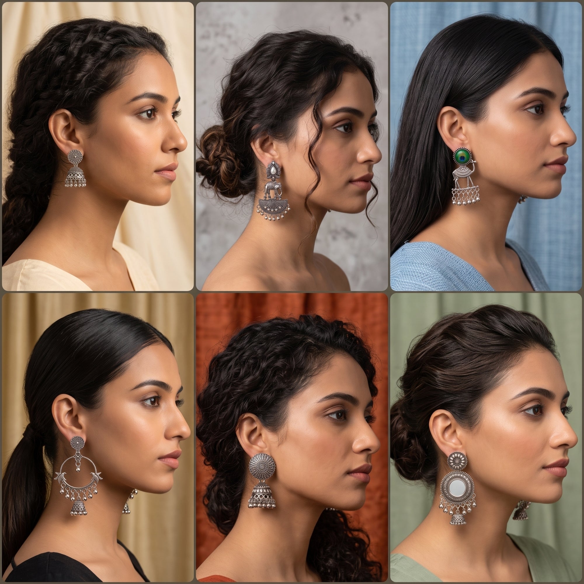 Statement & Jhumka Oxidised Earrings Combo With Foldable Velvet Box (Set of 12)