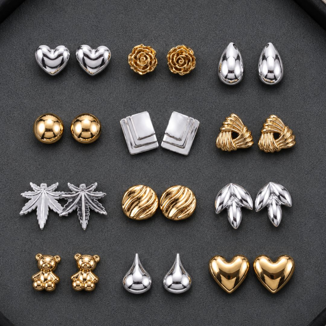 Everyday Fashion Wear Stud Earrings Combo With Foldable Velvet Box (Set of 12)