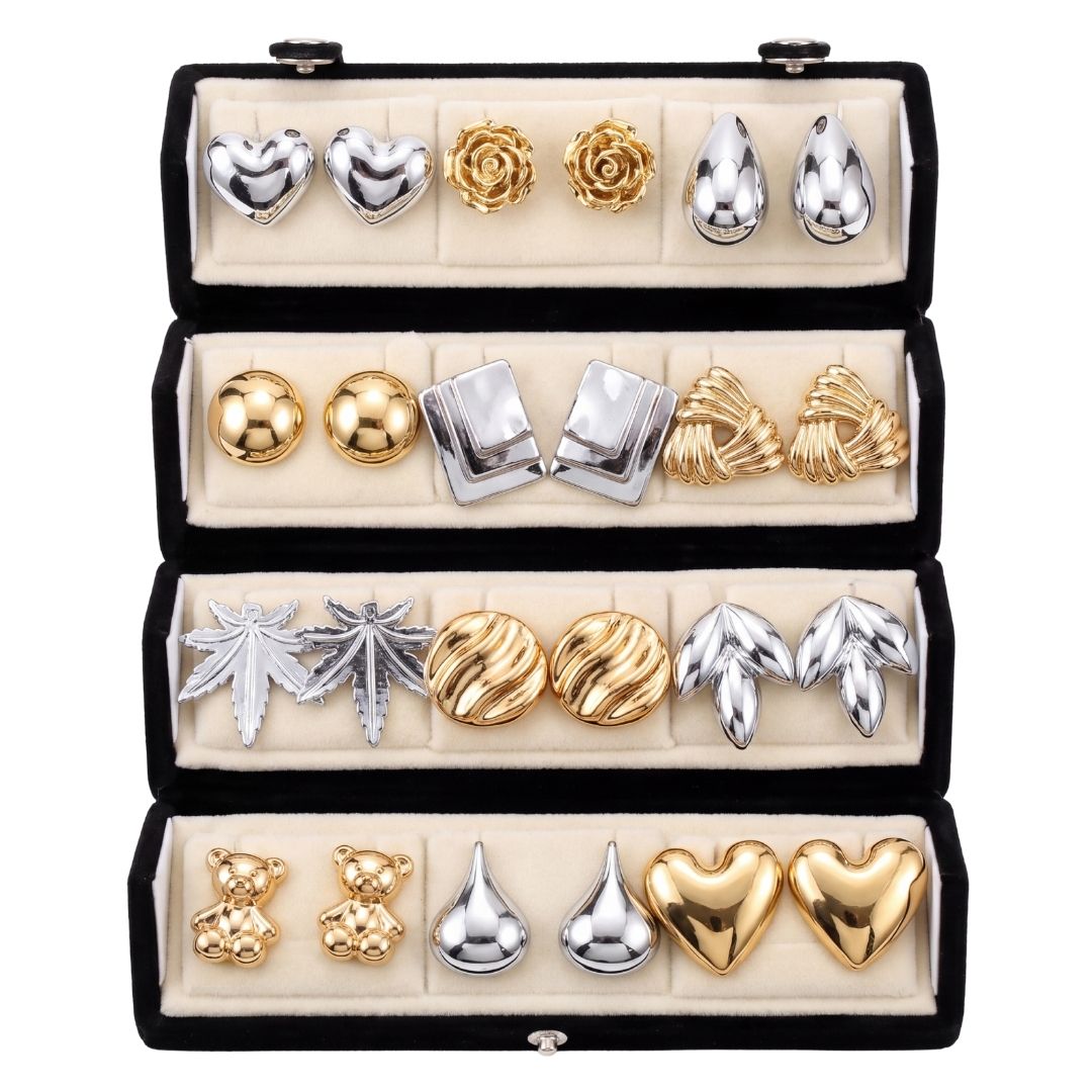 Everyday Fashion Wear Stud Earrings Combo With Foldable Velvet Box (Set of 12)