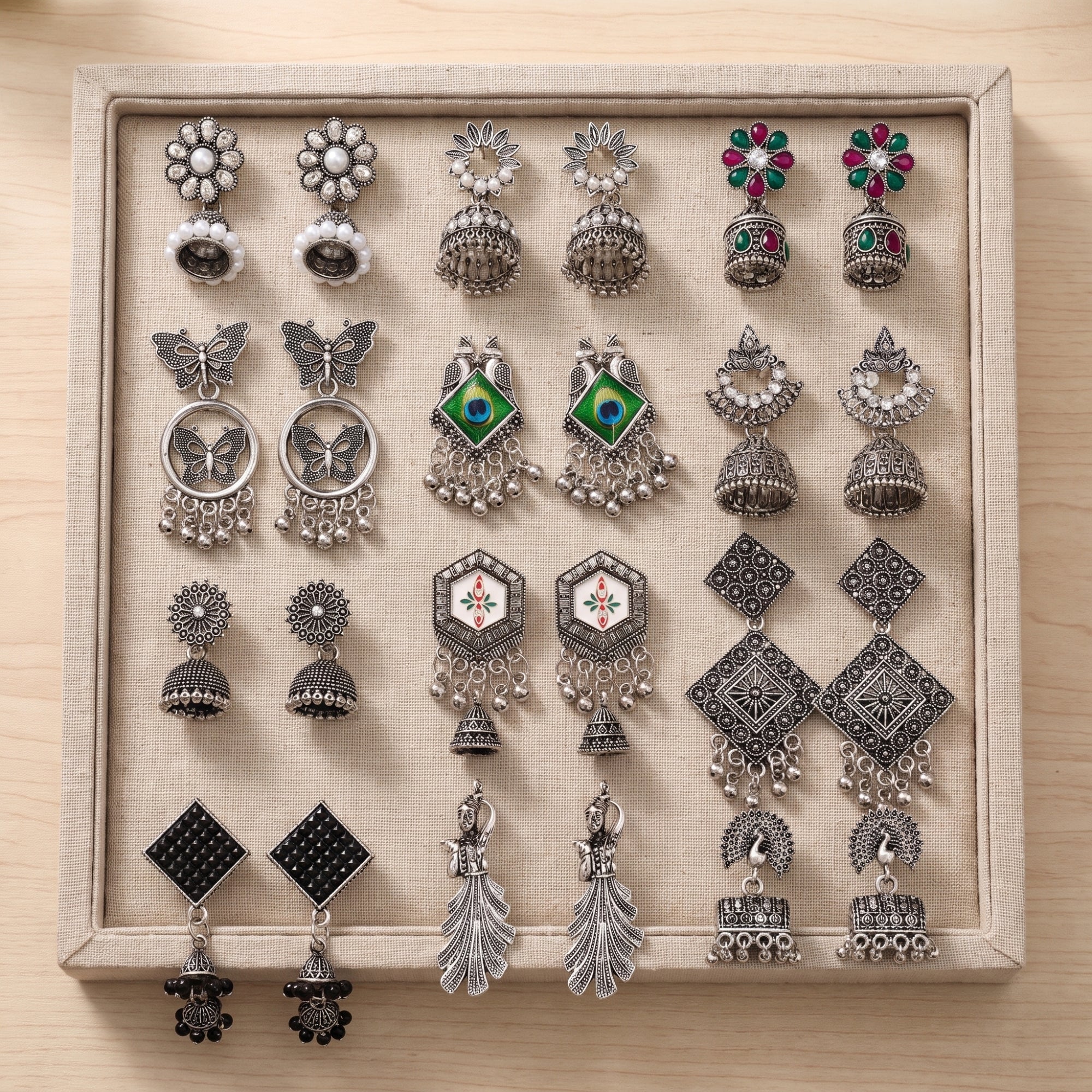 Traditional Oxidised Earrings Combo With Foldable Velvet Box (Set of 12)